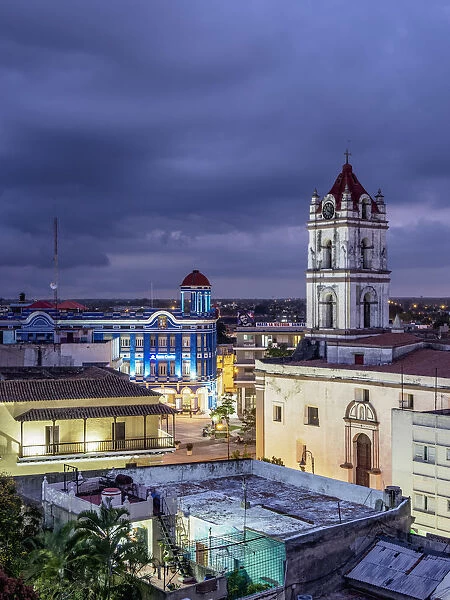 View towards Nuestra Senora De La Merced Church and Plaza de los Trabajadores, dusk