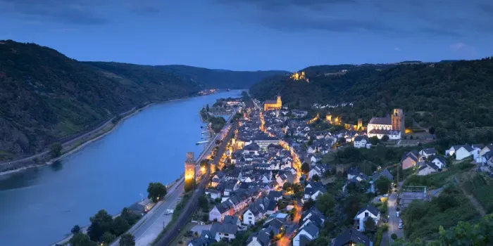 Framed Print : View of Oberwesel and River Rhine at dusk, Oberwesel, Rhineland-Palatinate, Germany Framed Print : View of Oberwesel and River Rhine at dusk, Oberwesel, Rhineland-Palatinate, Germany
