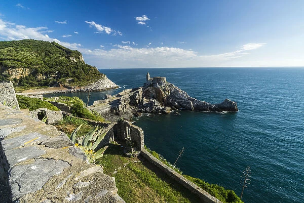 Top view of the old castle and church perched on the promontory Portovenere province