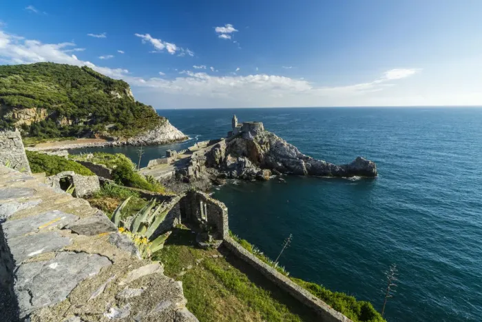 Framed Print : Top view of the old castle and church perched on the promontory Portovenere province Framed Print : Top view of the old castle and church perched on the promontory Portovenere province