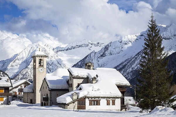 View of the old church of Pecetto, the Madonna dei ghiacciai, in winter