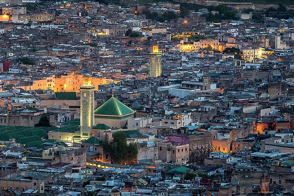 View over the old city of Fes el-Bali at dusk, Fez, Morocco