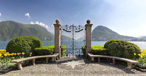 View of the old gates of Parco Ciani in Lugano city on a spring day, Canton Ticino