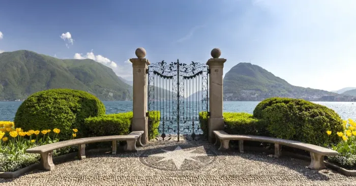Framed Print : View of the old gates of Parco Ciani in Lugano city on a spring day, Canton Ticino Framed Print : View of the old gates of Parco Ciani in Lugano city on a spring day, Canton Ticino