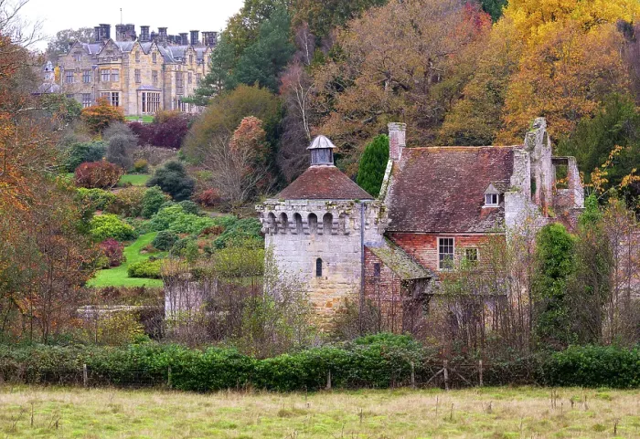Framed Print : View towards Old Scotney Castle, with New Scotney Castle in the background, Kent, England Framed Print : View towards Old Scotney Castle, with New Scotney Castle in the background, Kent, England