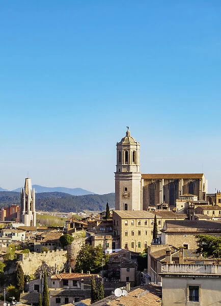 View over the Old Town towards the cathedral seen from the city walls, Girona or Gerona