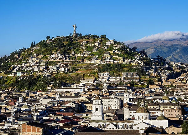 View over Old Town towards El Panecillo Hill, Quito, Pichincha Province, Ecuador