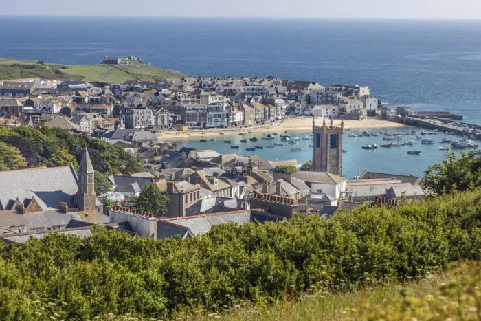 Framed Print : View of old town and harbor at St. Ives, Cornwall, England Framed Print : View of old town and harbor at St. Ives, Cornwall, England