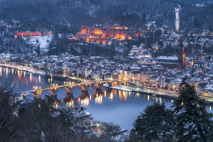 Framed Print : View of the old town of Heidelberg seen from the Philosophers Way in winter at night Framed Print : View of the old town of Heidelberg seen from the Philosophers Way in winter at night