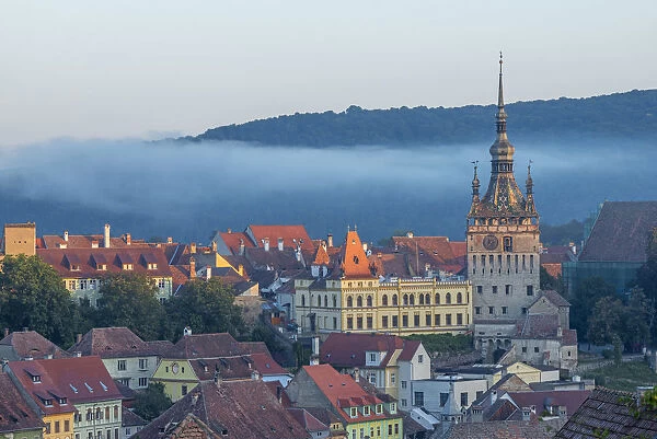 View at the old town of Sighisoara at dusk, Unesco World Heritage Site, Transylvania, Romania
