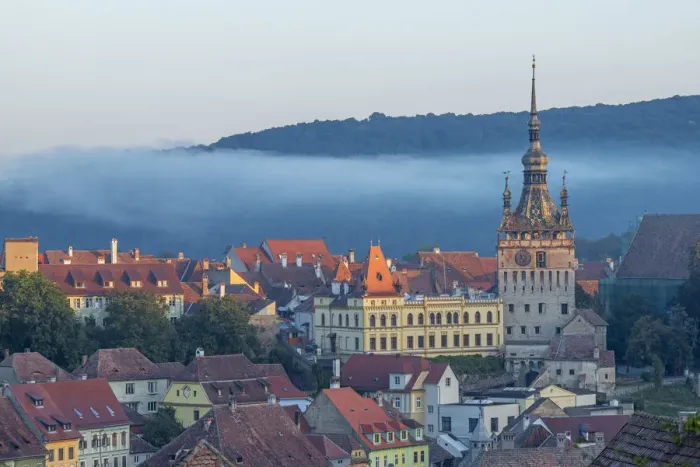 Framed Print : View at the old town of Sighisoara at dusk, Unesco World Heritage Site, Transylvania, Romania Framed Print : View at the old town of Sighisoara at dusk, Unesco World Heritage Site, Transylvania, Romania