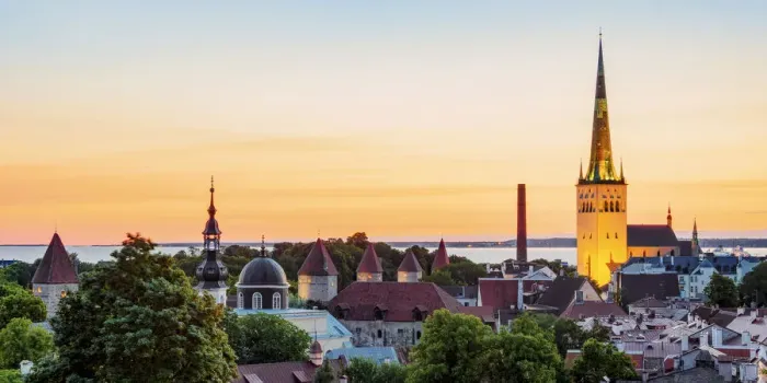 Framed Print : View over the Old Town towards St Olafs Church at dawn, Tallinn, Estonia Framed Print : View over the Old Town towards St Olafs Church at dawn, Tallinn, Estonia