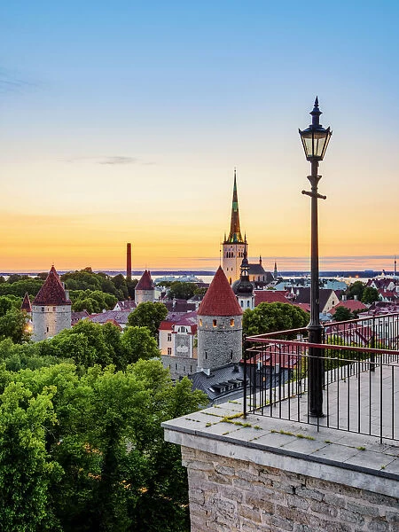 View over the Old Town towards St Olafs Church at dawn, Tallinn, Estonia