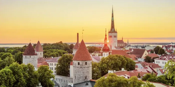 Framed Print : View over the Old Town towards St Olafs Church at sunrise, Tallinn, Estonia