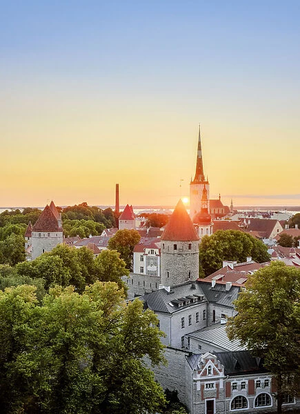 View over the Old Town towards St Olafs Church at sunrise, Tallinn, Estonia