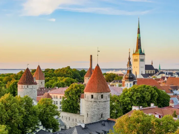 Framed Print : View over the Old Town towards St Olafs Church at sunset, Tallinn, Estonia Framed Print : View over the Old Town towards St Olafs Church at sunset, Tallinn, Estonia
