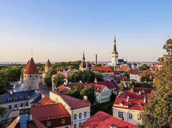 View over the Old Town towards St Olafs Church at sunset, Tallinn, Estonia