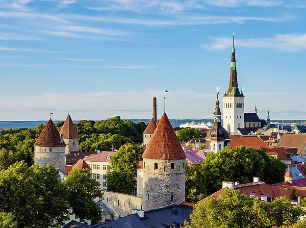 View over the Old Town towards St Olafs Church, Tallinn, Estonia