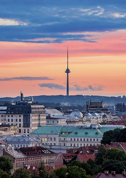 View over Old Town towards TV Tower at sunset, Vilnius, Lithuania