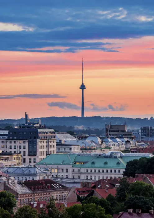 Framed Print : View over Old Town towards TV Tower at sunset, Vilnius, Lithuania Framed Print : View over Old Town towards TV Tower at sunset, Vilnius, Lithuania