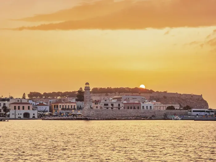Framed Print : View towards the Old Venetian Port and Fortezza Castle, sunset, City of Rethymno, Rethymno Region, Crete, Greece Framed Print : View towards the Old Venetian Port and Fortezza Castle, sunset, City of Rethymno, Rethymno Region, Crete, Greece