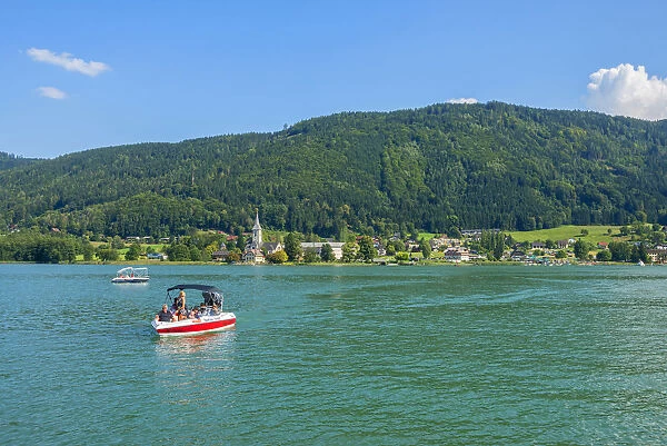 View at Ossiach with Benedictine abbey from Bodensdorf, Carinthia, Austria