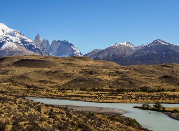 Framed Print : View over Paine River towards Towers of Paine, Torres del Paine National Park, Patagonia Framed Print : View over Paine River towards Towers of Paine, Torres del Paine National Park, Patagonia