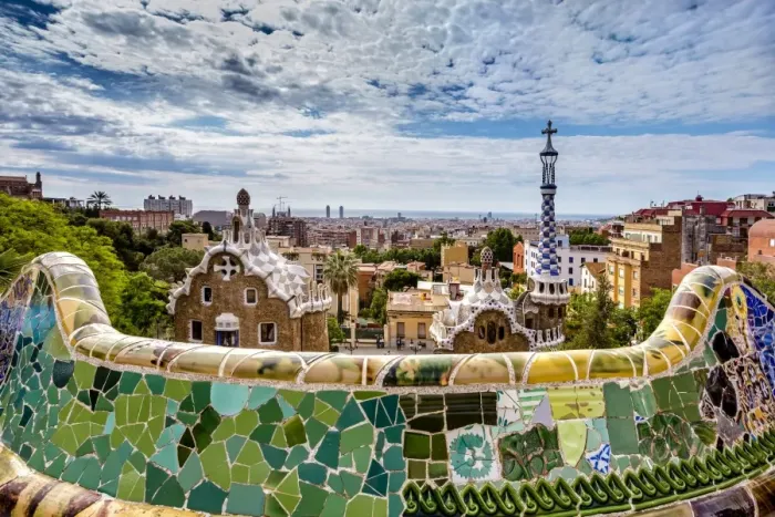 Framed Print : View from Parc Guell towards city, Barcelona, Catalonia, Spain Framed Print : View from Parc Guell towards city, Barcelona, Catalonia, Spain