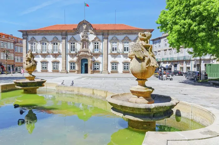 Framed Print : View of Pelican fountain and Braga town hall in the background, Braga, Minho Province, Portugal Framed Print : View of Pelican fountain and Braga town hall in the background, Braga, Minho Province, Portugal