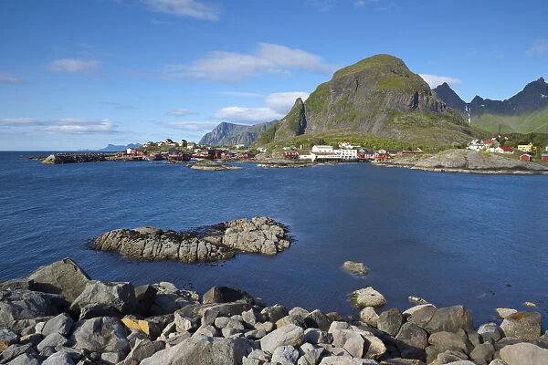 View towards the picturesque fishing village of A, Moskenesoy, Lofoten, Nordland, Norway