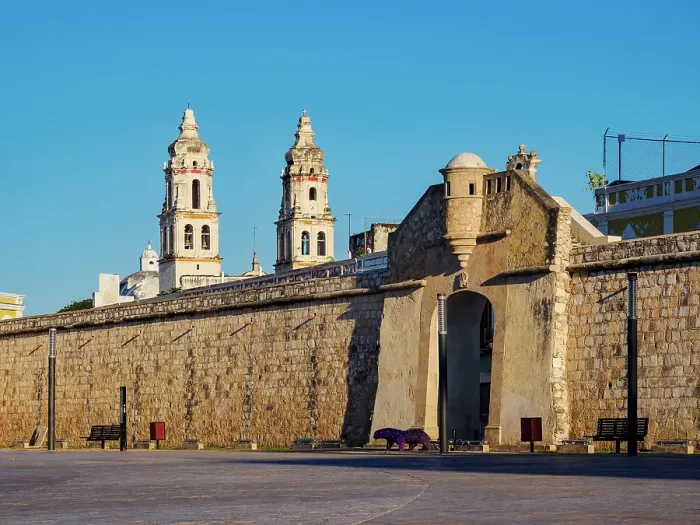 Framed Print : View over Plaza de La Republica towards Puerta de Mar and Defensive Wall of the Old Town, cathedral in the background, Campeche City, Campeche State, Mexico Framed Print : View over Plaza de La Republica towards Puerta de Mar and Defensive Wall of the Old Town, cathedral in the background, Campeche City, Campeche State, Mexico