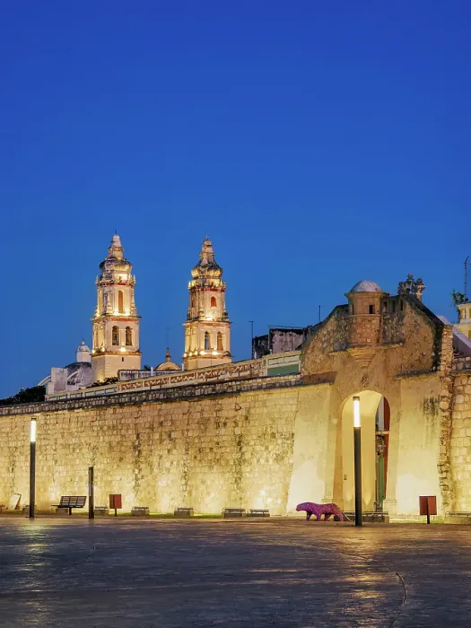 Framed Print : View over Plaza de La Republica towards Puerta de Mar and Defensive Wall of the Old Town, cathedral in the background, dusk, Campeche City, Campeche State, Mexico