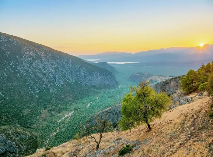 Framed Print : View over the Pleistos River Valley towards the Gulf of Corinth at sunset, Delphi, Phocis, Greece Framed Print : View over the Pleistos River Valley towards the Gulf of Corinth at sunset, Delphi, Phocis, Greece