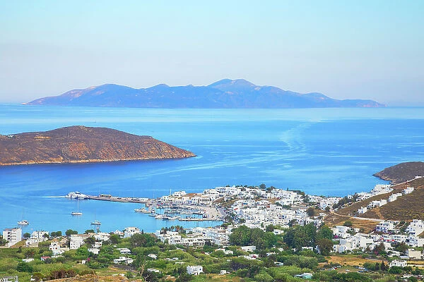 View of the port of Livadi and Sifnos island in the distance, Livadi, Serifos Island, Cyclades Islands, Greece