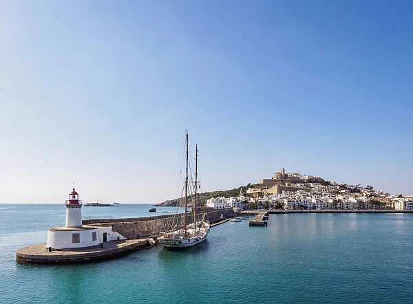 View over the port towards the old town, Dalt Vila of Eivissa, Ibiza, Balearic Islands