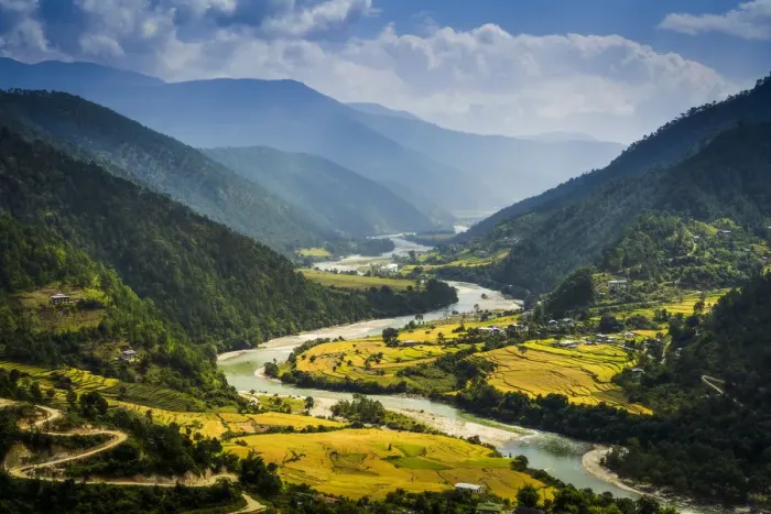 Framed Print : A view of Punakha valley from the roof of Khamsam Yulley Namgyal Chorten. Punakha Framed Print : A view of Punakha valley from the roof of Khamsam Yulley Namgyal Chorten. Punakha