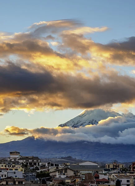 View over Riobamba towards Chimborazo Volcano at sunset, Chimborazo Province, Ecuador