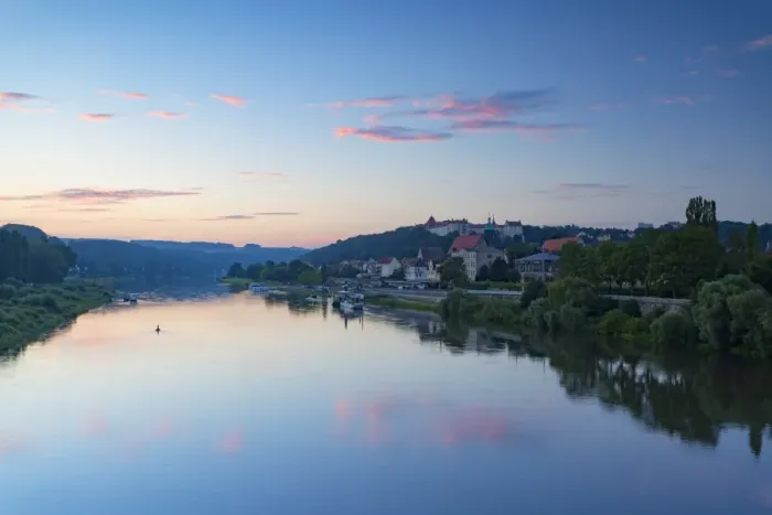Framed Print : View of River Elbe and Pirna at dawn, Saxony, Germany Framed Print : View of River Elbe and Pirna at dawn, Saxony, Germany