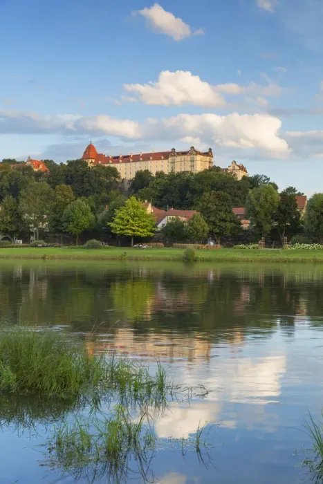 Framed Print : View of River Elbe and Sonnenstein Castle, Pirna, Saxony, Germany Framed Print : View of River Elbe and Sonnenstein Castle, Pirna, Saxony, Germany