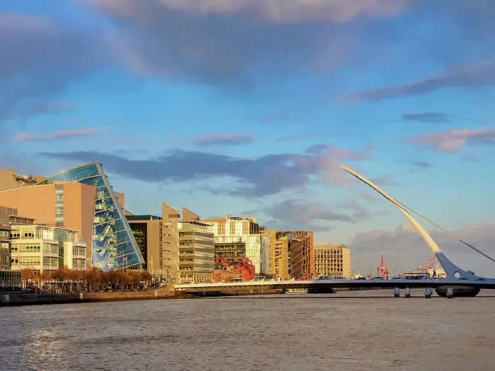 Framed Print : View over River Liffey towards Samuel Beckett Bridge and The Convention Centre at sunset, Dublin, Ireland Framed Print : View over River Liffey towards Samuel Beckett Bridge and The Convention Centre at sunset, Dublin, Ireland