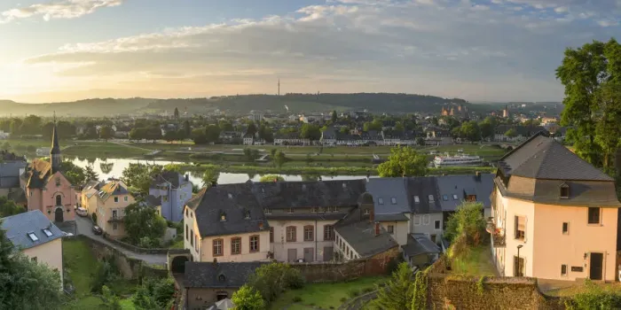 Framed Print : View of River Mosel and skyline at dawn, Trier, Rhineland-Palatinate, Germany Framed Print : View of River Mosel and skyline at dawn, Trier, Rhineland-Palatinate, Germany