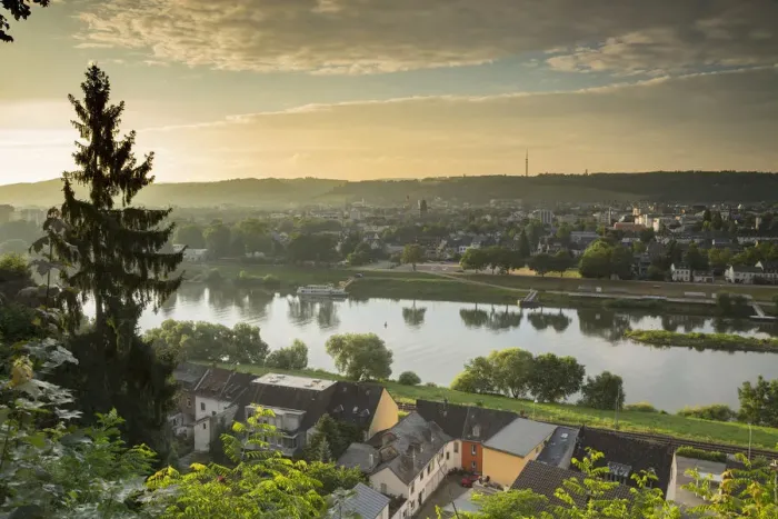 Framed Print : View of River Moselle and skyline at dawn, Trier, Rhineland-Palatinate, Germany Framed Print : View of River Moselle and skyline at dawn, Trier, Rhineland-Palatinate, Germany