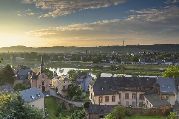 View of River Moselle and skyline at dawn, Trier, Rhineland-Palatinate, Germany