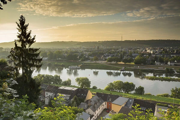 View of River Moselle and skyline at dawn, Trier, Rhineland-Palatinate, Germany