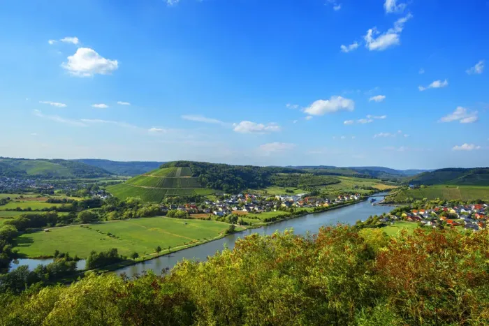 Framed Print : View at river Saar with Ayler Kupp vineyard, Rhineland-Palatinate, Germany Framed Print : View at river Saar with Ayler Kupp vineyard, Rhineland-Palatinate, Germany