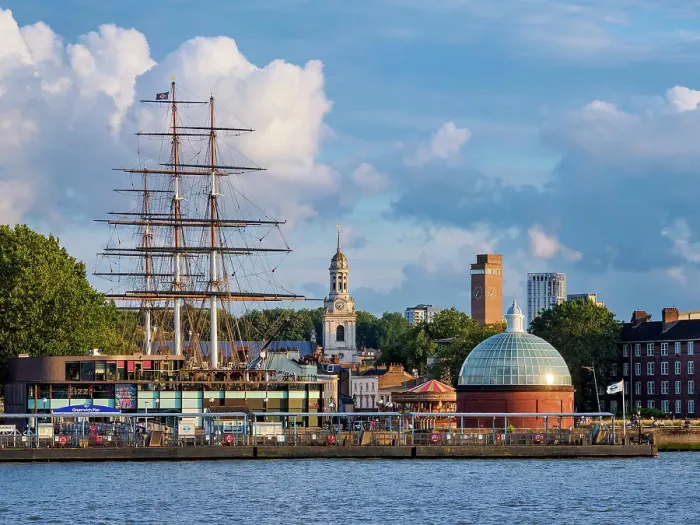 Framed Print : View over River Thames towards Cutty Sark British Clipper Ship and St Alfege Church in Greenwich, sunset, London, England, United Kingdom Framed Print : View over River Thames towards Cutty Sark British Clipper Ship and St Alfege Church in Greenwich, sunset, London, England, United Kingdom