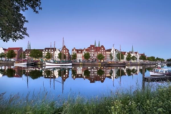 View over river Trave towards old town, Lubeck, Baltic coast, Schleswig-Holstein, Germany