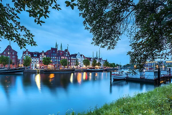 View over river Trave towards old town, Lübeck, Baltic coast, Schleswig-Holstein