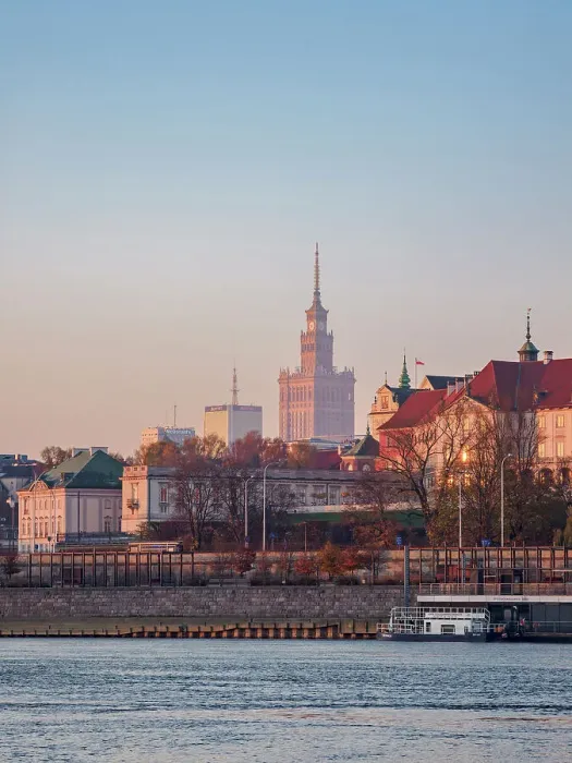 Framed Print : View over River Vistula towards Palace of Culture and Science at sunrise, Warsaw, Masovian Voivodeship, Poland