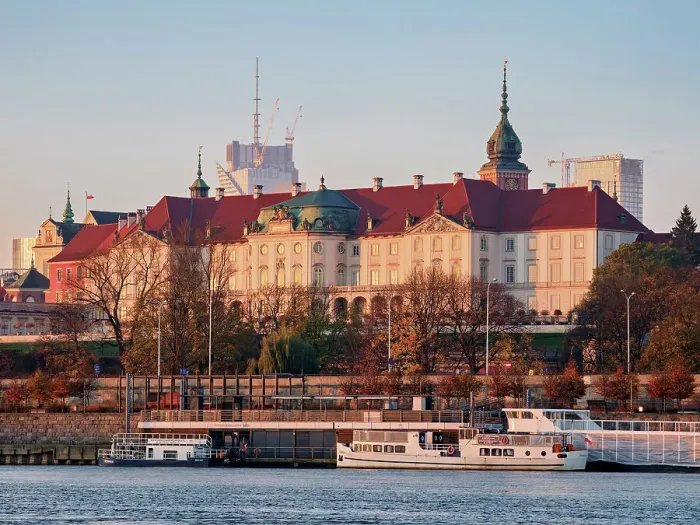 Framed Print : View over River Vistula towards the Royal Castle at sunrise, Warsaw, Masovian Voivodeship, Poland